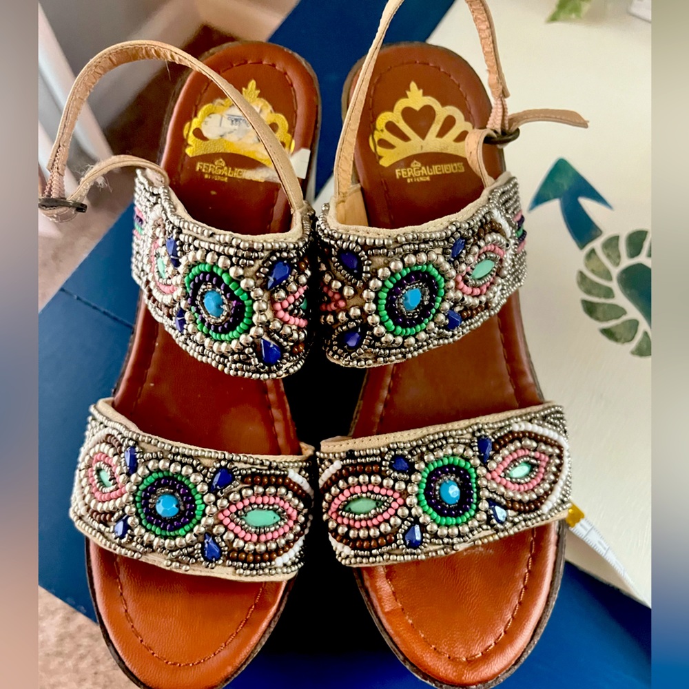 Beaded Fergalicious platform sandals, size 7.